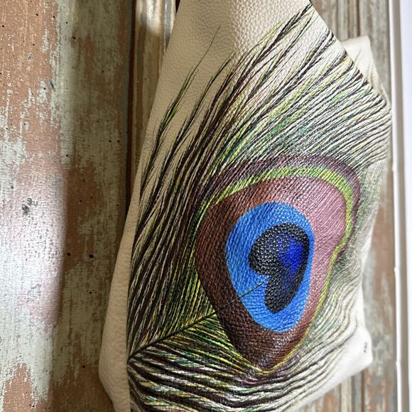 Elliott Lucca Large Cream Leather Handbag Hand Painted Peacock Feather S… - Picture 9 of 16